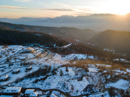 Aerial Winter view of Village of Leshten with Authentic nineteenth century houses, Blagoevgrad Region, Bulgariaの写真素材