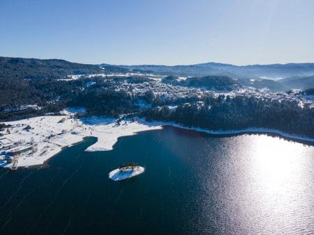 Aerial winter view of Dospat Reservoir, Smolyan Region, Bulgariaの写真素材