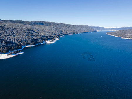 Aerial winter view of Dospat Reservoir, Smolyan Region, Bulgariaの写真素材