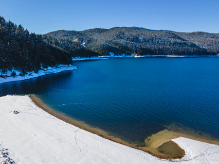 Aerial winter view of Dospat Reservoir, Smolyan Region, Bulgariaの写真素材