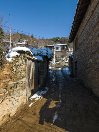 Winter view of Village of Leshten with Authentic nineteenth century houses, Blagoevgrad Region, Bulgariaの写真素材
