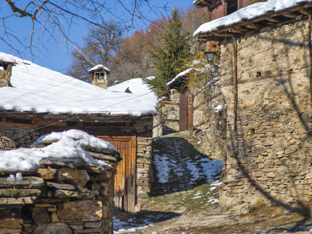 Winter view of Village of Leshten with Authentic nineteenth century houses, Blagoevgrad Region, Bulgariaの写真素材