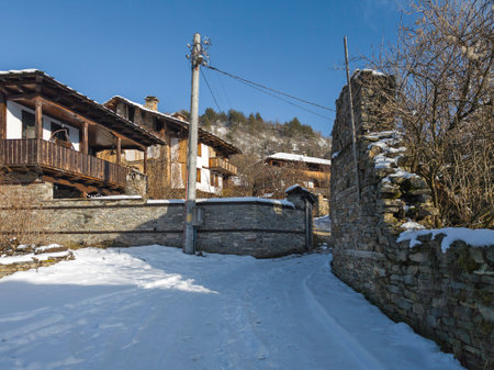 Winter Sunset view of Village of Kovachevitsa with Authentic nineteenth century houses, Blagoevgrad Region, Bulgariaの写真素材