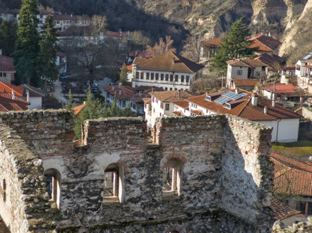 Typical street and old houses at town of Melnik, Blagoevgrad region, Bulgariaの写真素材