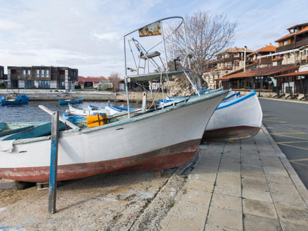 Small Fishing boats at the port of Nessebar, Burgas Region, Bulgariaの写真素材