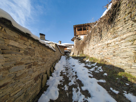 Winter view of Village of Kovachevitsa with Authentic nineteenth century houses, Blagoevgrad Region, Bulgariaの写真素材