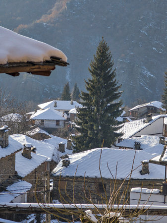 Winter view of Village of Kovachevitsa with Authentic nineteenth century houses, Blagoevgrad Region, Bulgariaの写真素材