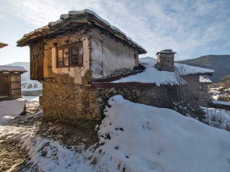 Winter view of Village of Kovachevitsa with Authentic nineteenth century houses, Blagoevgrad Region, Bulgariaの写真素材