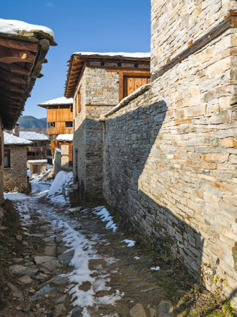 Winter view of Village of Kovachevitsa with Authentic nineteenth century houses, Blagoevgrad Region, Bulgariaの写真素材