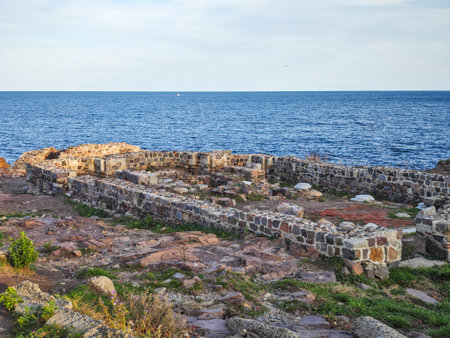 Typical street and houses at old town of Sozopol, Burgas Region, Bulgariaの写真素材