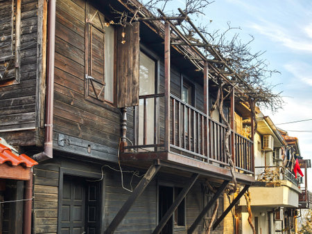 Typical street and houses at old town of Sozopol, Burgas Region, Bulgariaの写真素材