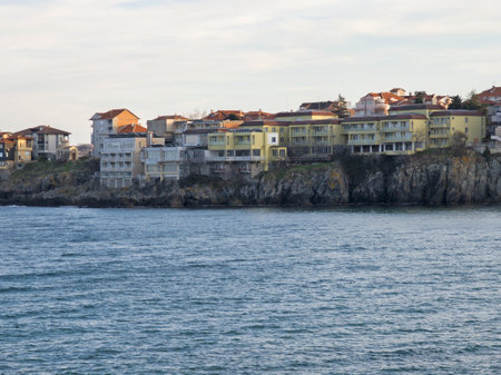 Typical street and houses at old town of Sozopol, Burgas Region, Bulgariaの写真素材