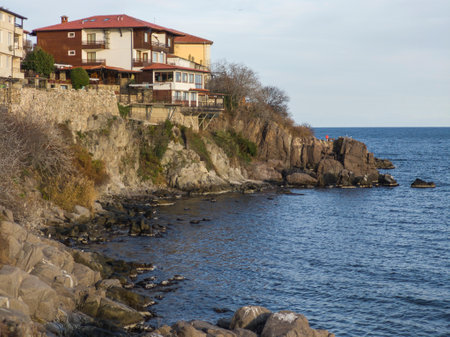 Typical street and houses at old town of Sozopol, Burgas Region, Bulgariaの写真素材