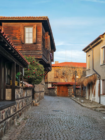 Typical street and houses at old town of Sozopol, Burgas Region, Bulgariaの写真素材