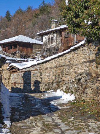 Winter view of Village of Leshten with Authentic nineteenth century houses, Blagoevgrad Region, Bulgariaの写真素材