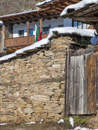 Winter view of Village of Leshten with Authentic nineteenth century houses, Blagoevgrad Region, Bulgariaの写真素材