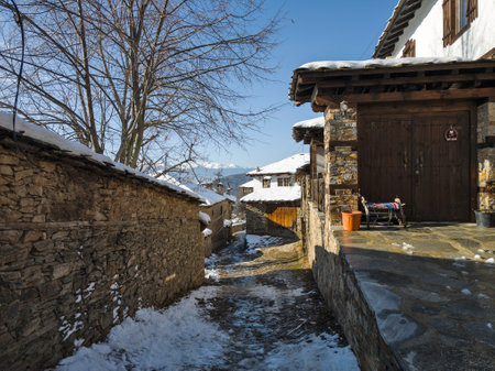 Winter view of Village of Leshten with Authentic nineteenth century houses, Blagoevgrad Region, Bulgariaの写真素材
