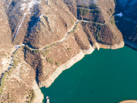 Aerial winter view of Vacha (Antonivanovtsi) Reservoir, Rhodope Mountains, Plovdiv Region, Bulgariaの写真素材