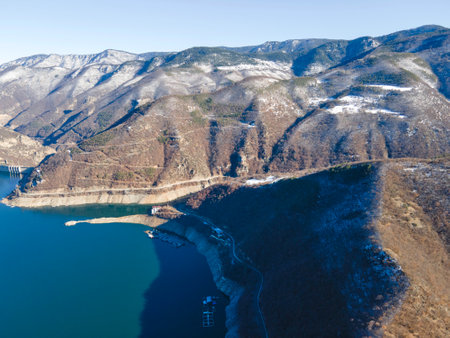 Aerial winter view of Vacha (Antonivanovtsi) Reservoir, Rhodope Mountains, Plovdiv Region, Bulgariaの写真素材