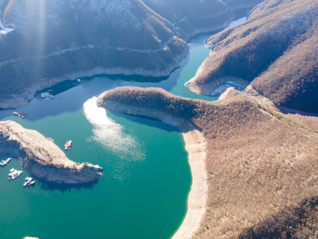Aerial winter view of Vacha (Antonivanovtsi) Reservoir, Rhodope Mountains, Plovdiv Region, Bulgariaの写真素材