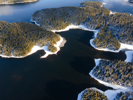 Aerial winter view of Shiroka polyana (Wide meadow) Reservoir, Pazardzhik Region, Bulgariaの写真素材
