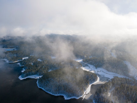 Aerial winter view of Shiroka polyana (Wide meadow) Reservoir, Pazardzhik Region, Bulgaria