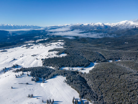 Amazing Aerial winter view of Rila mountain near Belmeken Dam, Bulgariaの写真素材