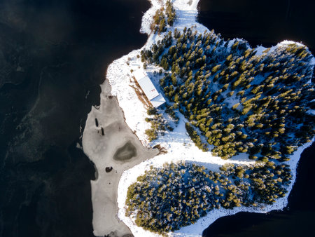 Aerial winter view of Shiroka polyana (Wide meadow) Reservoir, Pazardzhik Region, Bulgaria