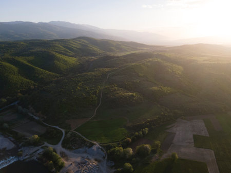 Aerial Sunset view of Struma river passing near village of Topolnitsa, Blagoevgrad region, Bulgariaの写真素材