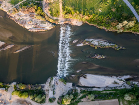 Aerial Sunset view of Struma river passing near village of Topolnitsa, Blagoevgrad region, Bulgariaの写真素材
