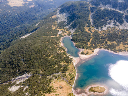 Amazing Aerial view of Smradlivoto Lake, Rila mountain, Bulgariaの写真素材