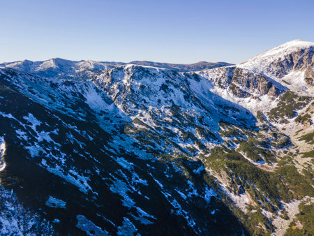 Amazing Aerial Autumn landscape of Rila Mountain near Mechit and Popova Kapa peaks, Bulgariaの写真素材