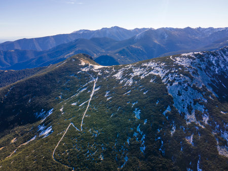 Amazing Aerial Autumn landscape of Rila Mountain near Mechit and Popova Kapa peaks, Bulgariaの写真素材