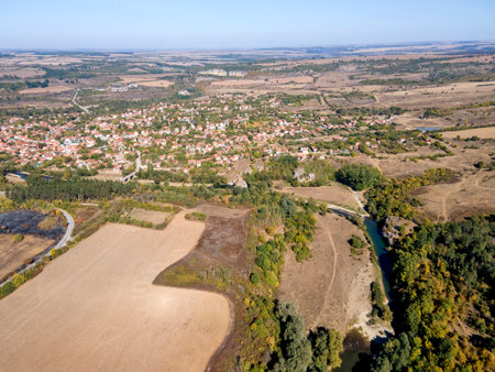 Amazing Aerial view of Vit river, passing near village of Aglen, Lovech Region, Bulgariaの写真素材