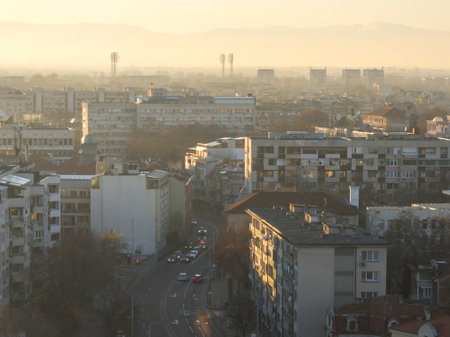 Amazing Sunset Panorama of Plovdiv city from Nebet Tepe hill, Bulgaria