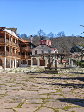 Panorama of Medieval Tsarnogorski (Gigintsi) monastery St. Kozma and Damyan, Pernik Region, Bulgariaの写真素材