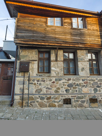 Typical street and houses at The old town of Sozopol, Burgas Region, Bulgariaの写真素材