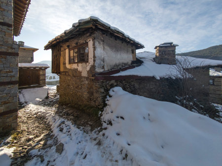 Winter view of Village of Kovachevitsa with Authentic nineteenth century houses, Blagoevgrad Region, Bulgariaの写真素材