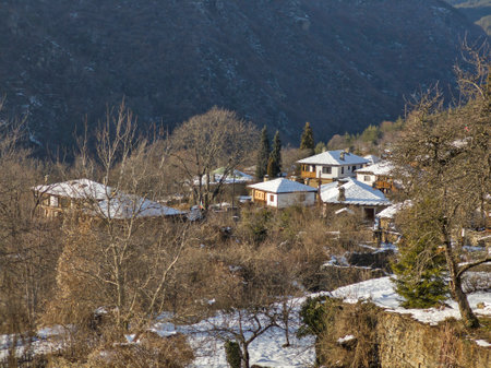 Winter view of Village of Kovachevitsa with Authentic nineteenth century houses, Blagoevgrad Region, Bulgariaの写真素材