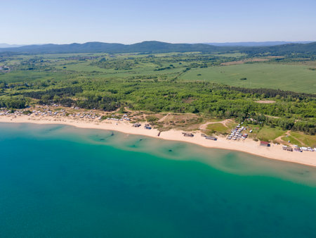 Aerial view of Black sea coastline near Gradina (Garden) Beach, Burgas Region, Bulgariaの写真素材