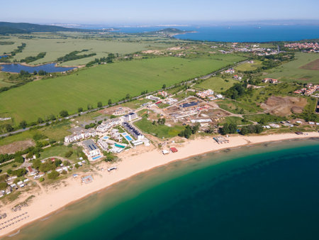 Aerial view of Black sea coastline near Gradina (Garden) Beach, Burgas Region, Bulgariaの写真素材