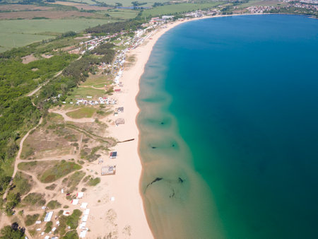 Aerial view of Black sea coastline near Gradina (Garden) Beach, Burgas Region, Bulgariaの写真素材