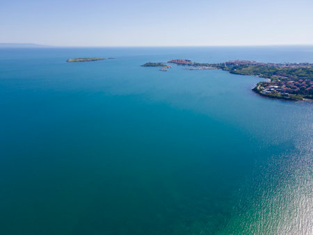 Aerial view of Black sea coastline near Gradina (Garden) Beach, Burgas Region, Bulgariaの写真素材