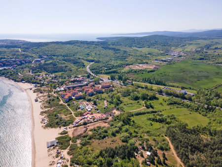 Aerial view of Black sea coastline near Gradina (Garden) Beach, Burgas Region, Bulgariaの写真素材