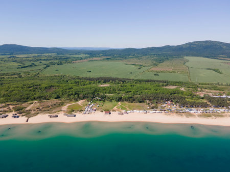 Aerial view of Black sea coastline near Gradina (Garden) Beach, Burgas Region, Bulgariaの写真素材