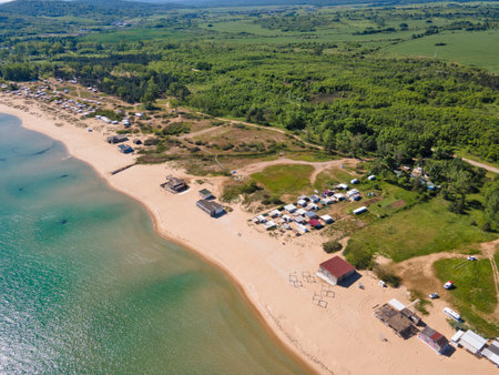 Aerial view of Black sea coastline near Gradina (Garden) Beach, Burgas Region, Bulgariaの写真素材