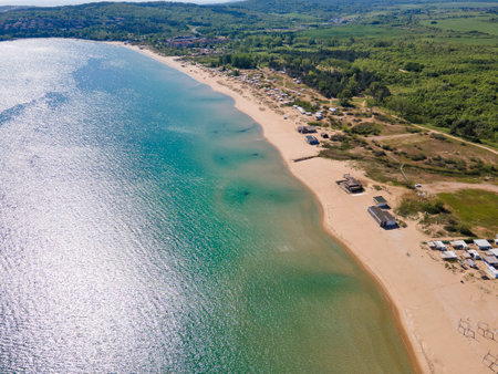 Aerial view of Black sea coastline near Gradina (Garden) Beach, Burgas Region, Bulgariaの写真素材