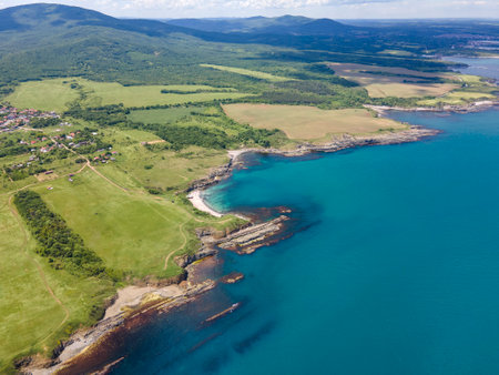 Aerial view of Black Sea coastline near village of Varvara, Burgas Region, Bulgariaの写真素材