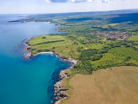 Aerial view of Black Sea coastline near village of Varvara, Burgas Region, Bulgariaの写真素材