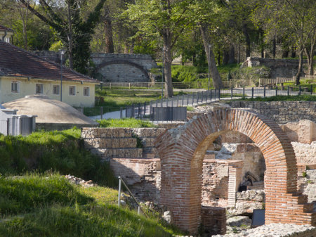 Ruins of Roman fortifications in ancient city of Diocletianopolis, town of Hisarya, Plovdiv Region, Bulgariaの写真素材